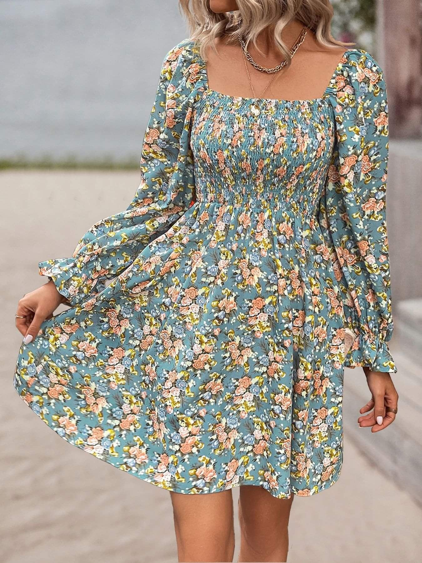 Puffy Sleeve Floral Print Dress