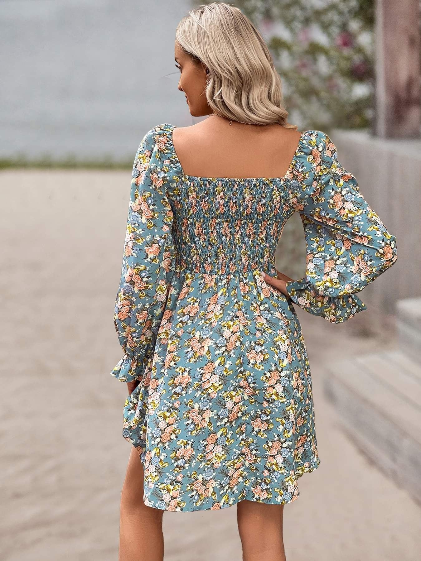 Puffy Sleeve Floral Print Dress