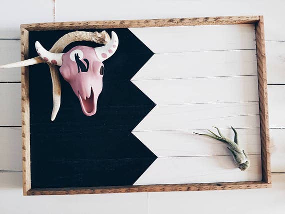 Reclaimed Wood Tray - Black & White Geometric 18"x12"x2"