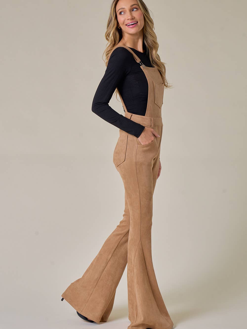 Suede Bellbottom Overalls -Tan