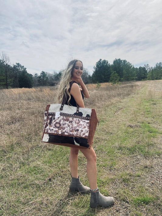 Floral and Cowhide Western Travel Bag