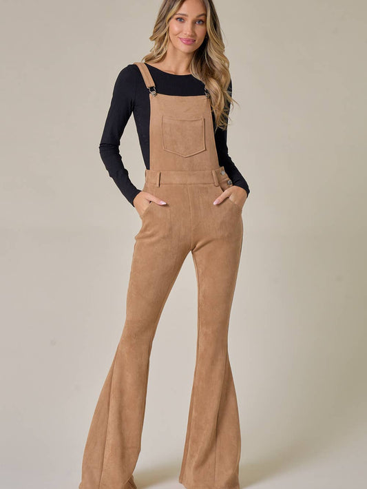 Suede Bellbottom Overalls -Tan