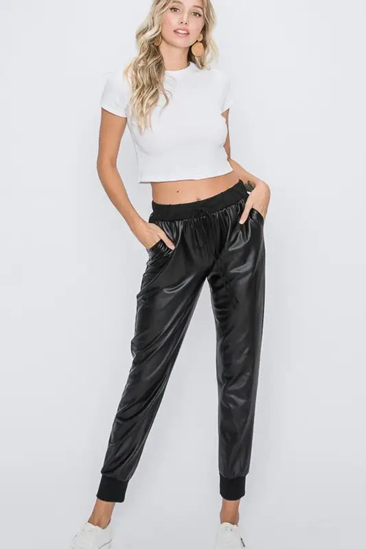 FAUX LEATHER CASUAL PANTS - BLACK