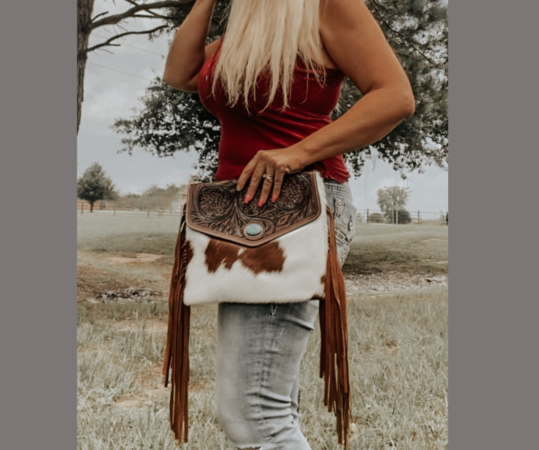 Cowhide Fringe Western Clutch Purse Crossbody