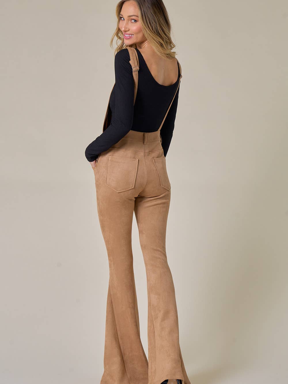 Suede Bellbottom Overalls -Tan
