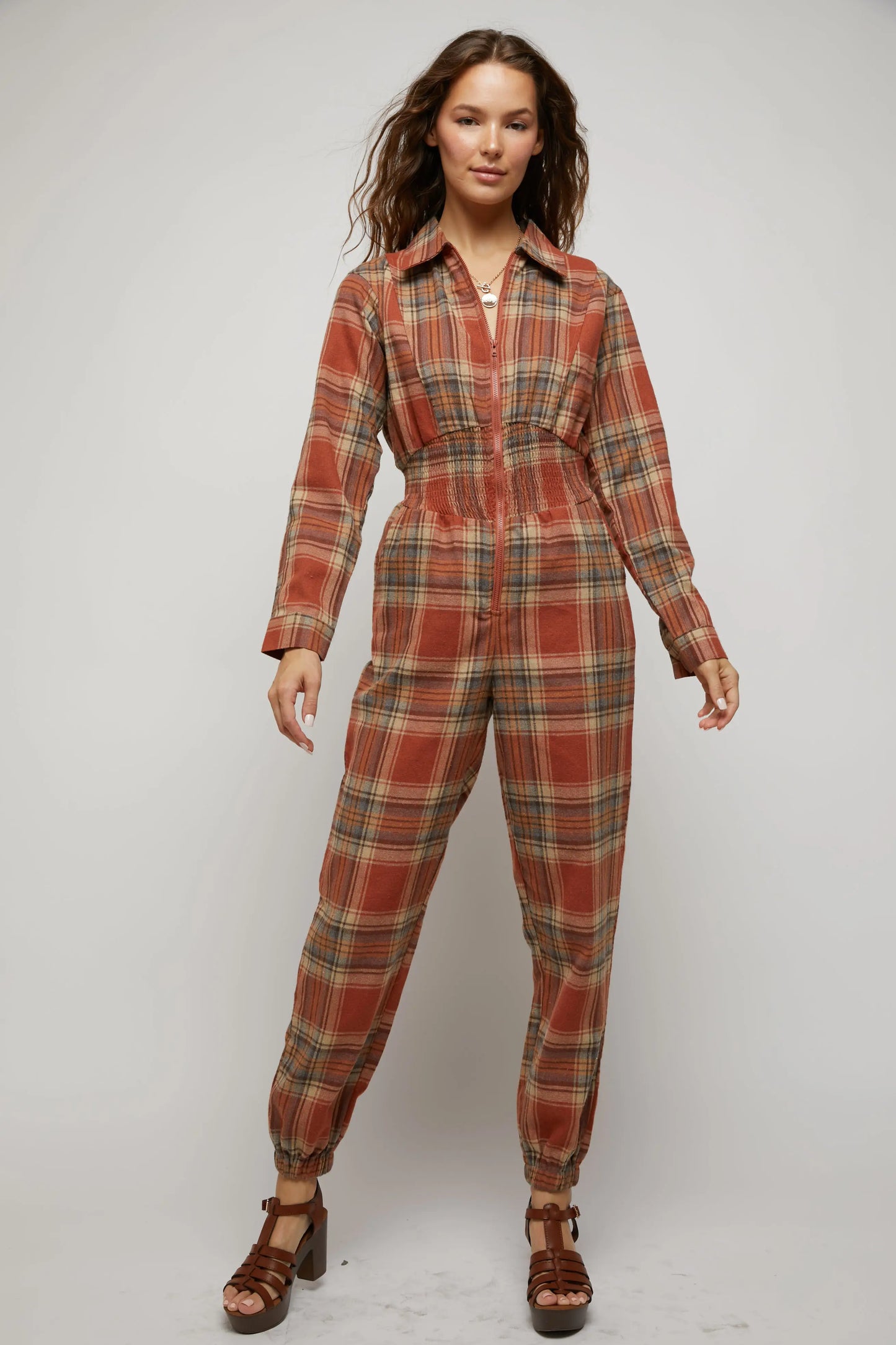 Orange Plaid Zip Up Jumpsuit