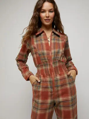 Orange Plaid Zip Up Jumpsuit
