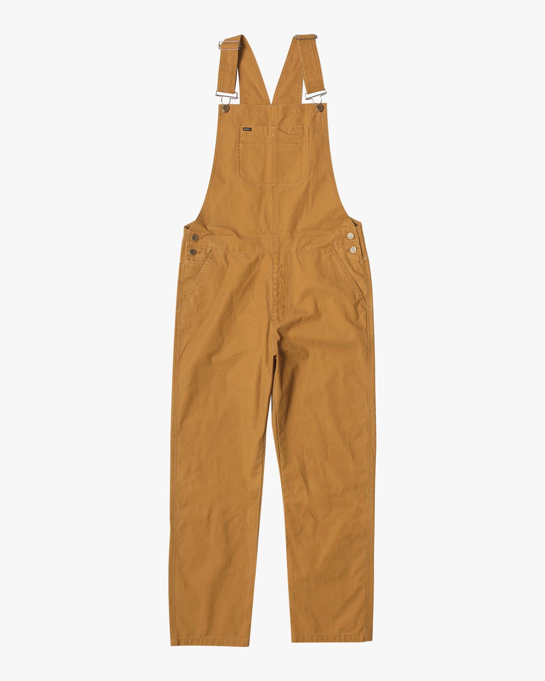 Men's cotton overalls from RVCA with open top tack buttons and adjustable suspenders and waistband.