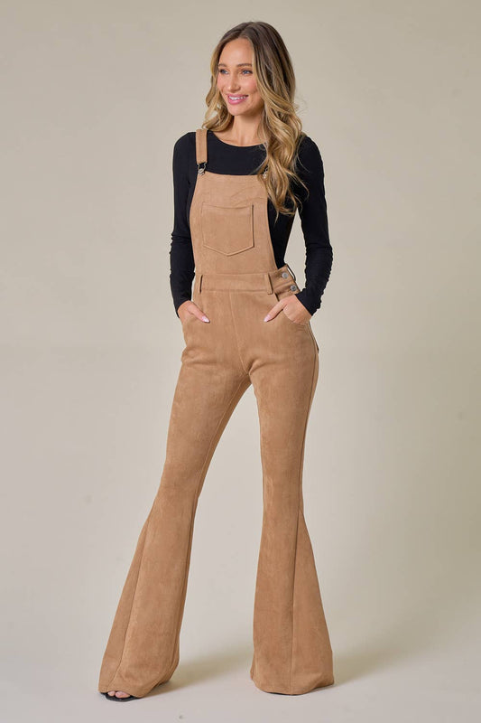 WISTERIA LANE - FLARED SUEDE JUMPSUIT / OVERALLS - W4300RIB TAN