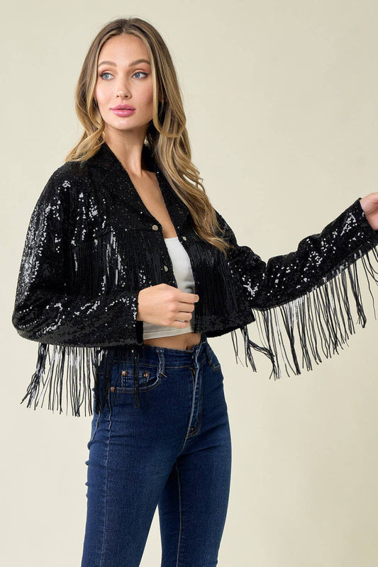 Cropped Sequin Moto Jacket