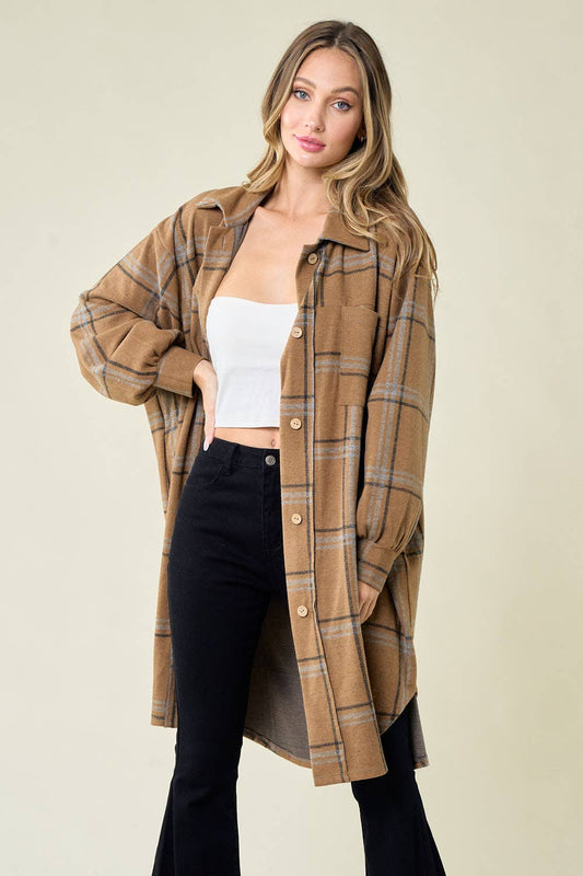 WISTERIA LANE - LIGHTWEIGHT PLAID MIDI SHACKET - W6323JA TAN