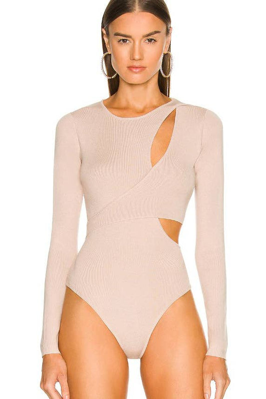 WISTERIA LANE - FINE KNIT CUT OUT BODYSUIT - W4332RIA TAUPE