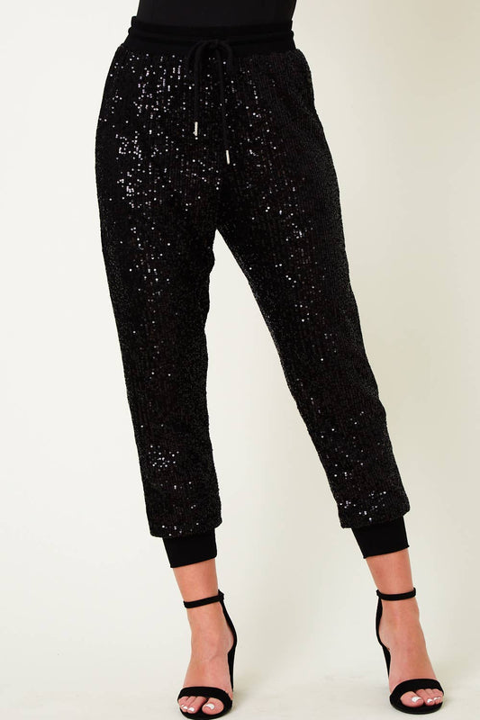 WISTERIA LANE - STRETCHY SEQUIN JOGGER PANTS - W2408PIA BLACK