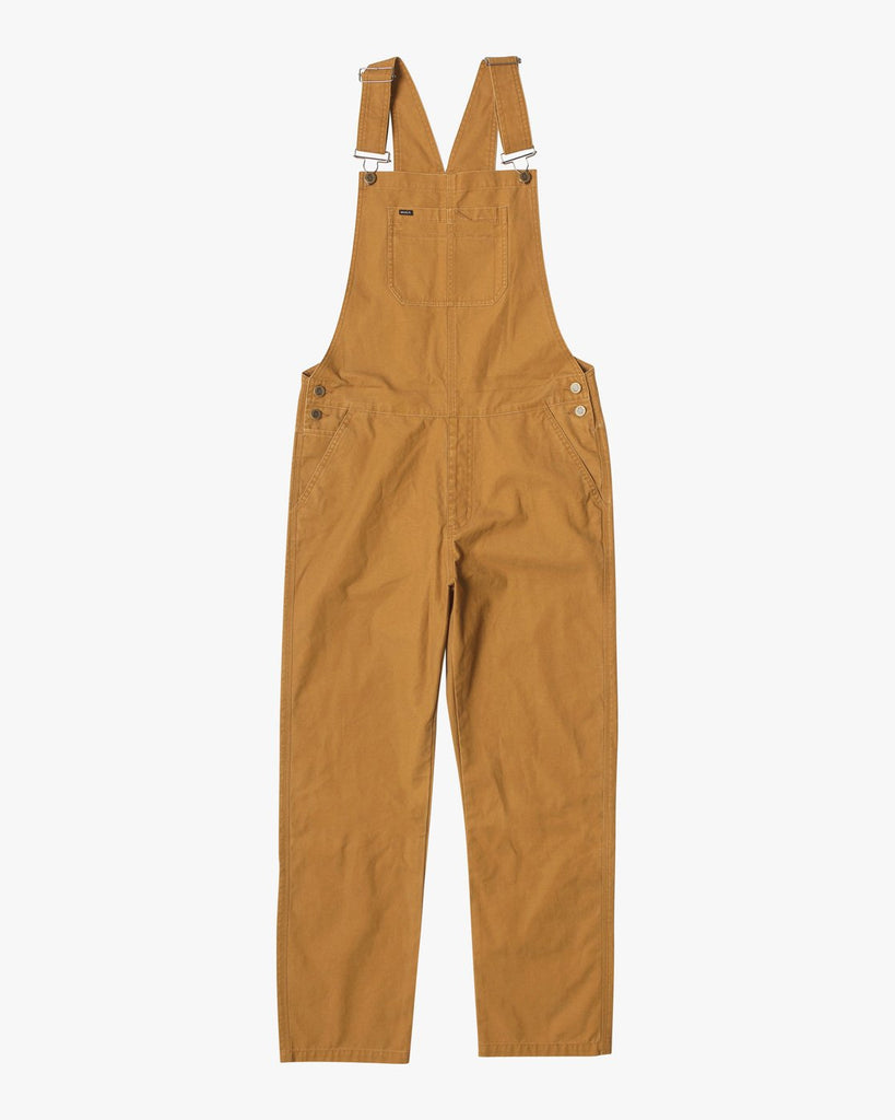 Men's cotton overalls from RVCA with open top tack buttons and adjustable suspenders and waistband. 
