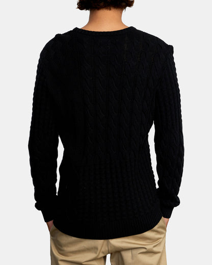 Look sharp in the RVCA Desmond Crewneck Sweater, made from cotton cable knit fabric in a mid-weight feel that keeps you warm in style. Featuring a crew neck with long sleeves, this men's pullover sweater is built with a ribbed collar, cuffs and hem for a classic look. Finished off with our signature RVCA solo label at the hem.