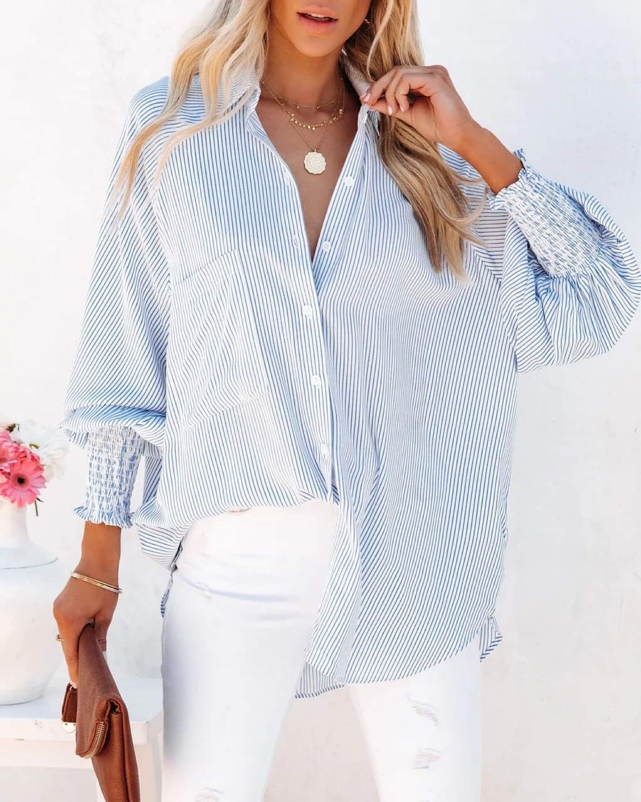 Striped long sleeve button clearance up