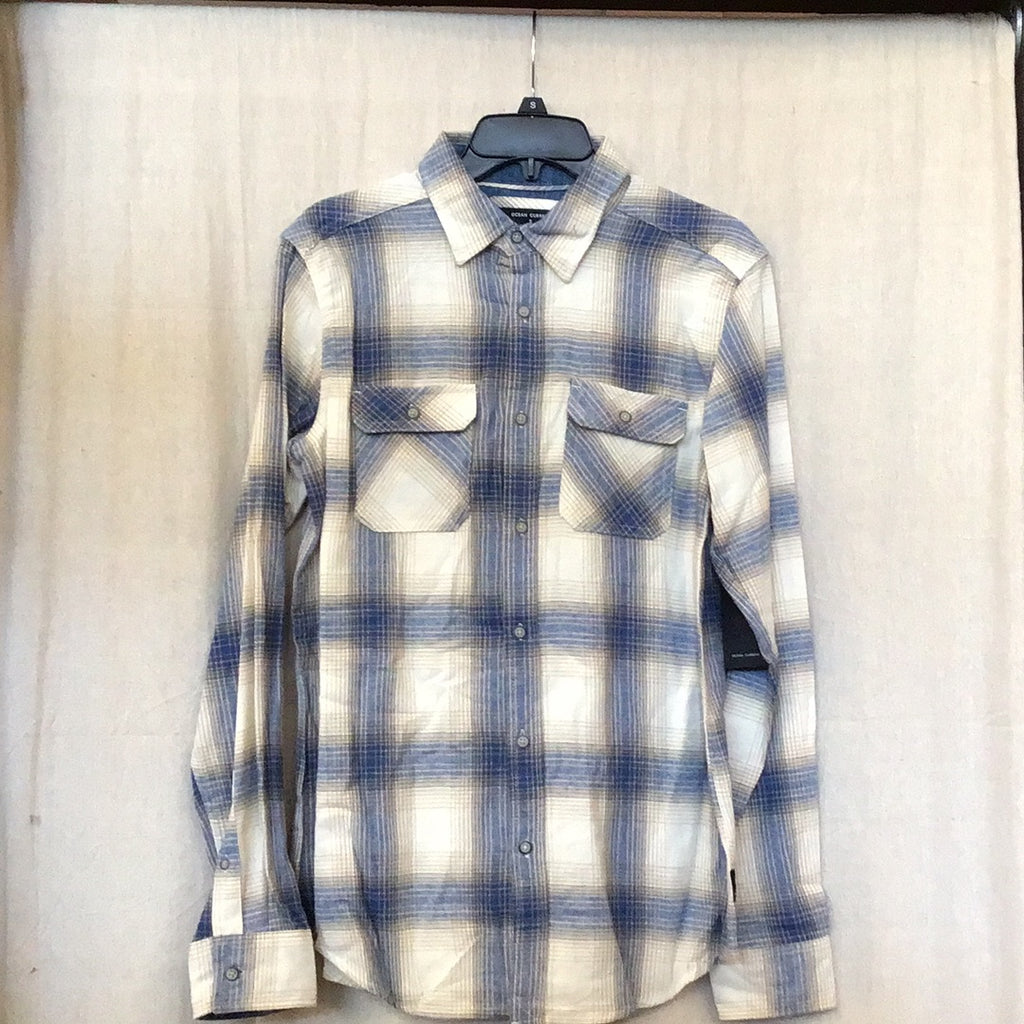 Long sleeve button up flannel shirt in a nice, neutral plaid.