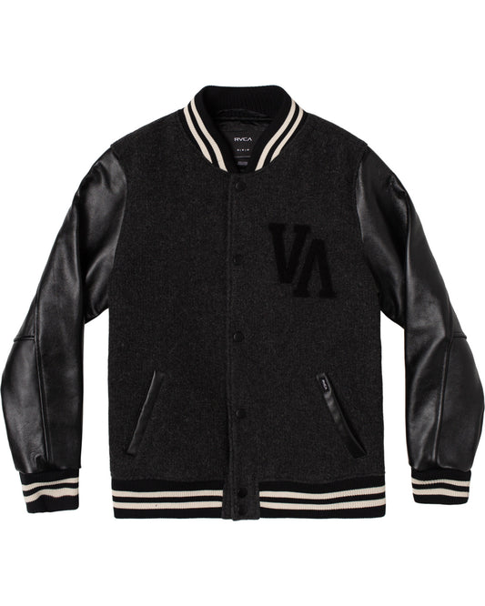 Combining bold style and effortless comfort, the RVCA Junior Varsity Letterman Jacket has you covered! Made from a warm blend of wool and polyester fabrics in a sleek satin finish. With genuine leather sleeves, light polyester fill at the body, heavy sweater knit rib at the collar, cuffs and hem. This men's jacket offers a classic look with modern function design. 